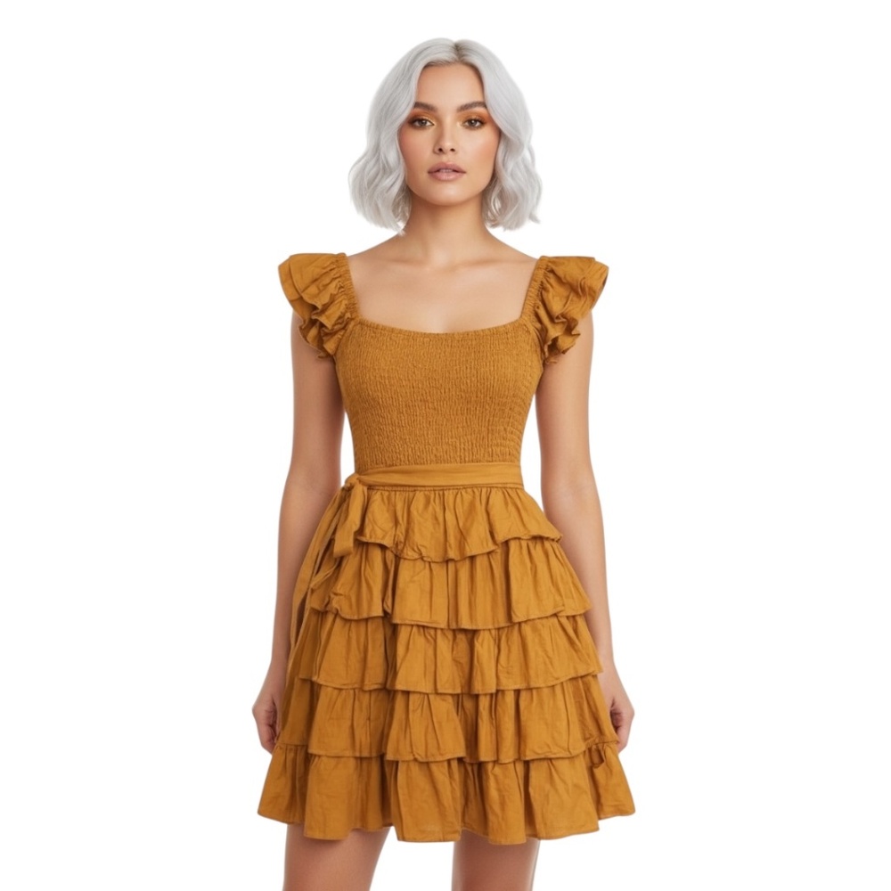 TULAROSE Golden Mustard Yellow Smocked Ruffle Mini Dress SIZE XXS